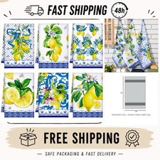 Geyoga Kitchen Towels Set 6 Piece Blue White Lemon Microfiber 16x24