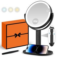 Makeup Mirror With Lights 30X Magnifying Touch Switch 3 Color Light Black