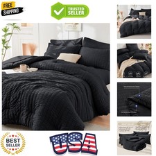 Black Queen Comforter Set Seersucker 7 Pieces, All Season Luxury Bed in a Bag...