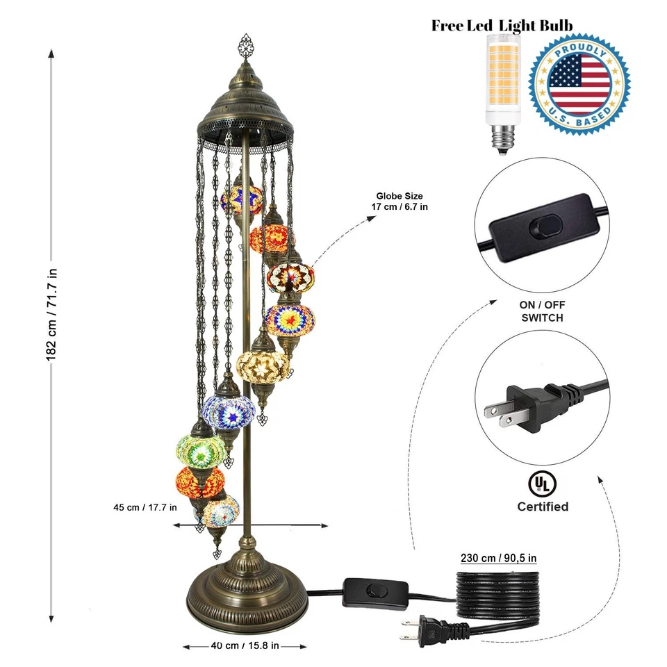 Turkish Mosaic Floor Lamp 9 Globes – 71” Tall Handmade Lamp with Bulbs Included  - Image 2 of 4
