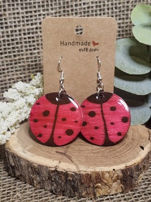 Handmade Wood Resin Round Dangle Earrings Cute Ladybugs Lightweight Artisan Gift