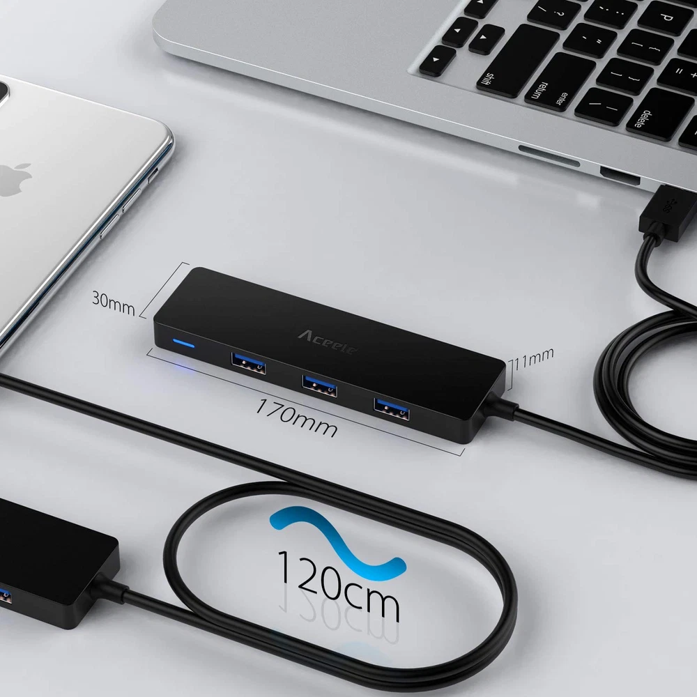 4-Port USB 3.0 Hub with 4ft Extension Cable - Ultra-Slim Design