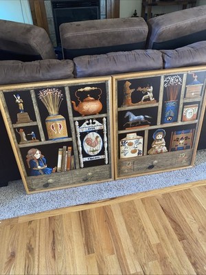 2 Vintage Huntington Folk Art Oil On Canvas Shadow Box Scenes 27 x33 
