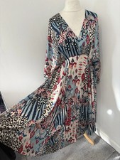 Stunning Monsoon Mercy Size L 16 18 Patch Print Boho Silky Blue Kaftan Dress