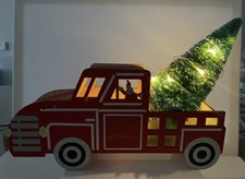 Vintage Father Christmas Red Truck with Christmas Tree Wooden Ornament Light Up