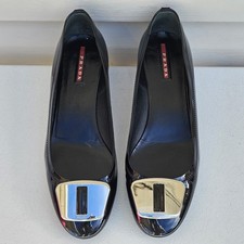 PRADA Black Patent Leather Metal Accent & Logo Pumps Women's Sz 9.5 U.S.