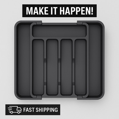 Expandable Silverware Drawer Organizer Adjustable Cutlery Tray BPA-Free Black