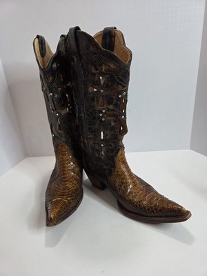 CORRAL WOMEN 10M MUSGO PYTHON BLACK BROWN CUT OUT CROSS RHINESTONE WESTERN BOOTS