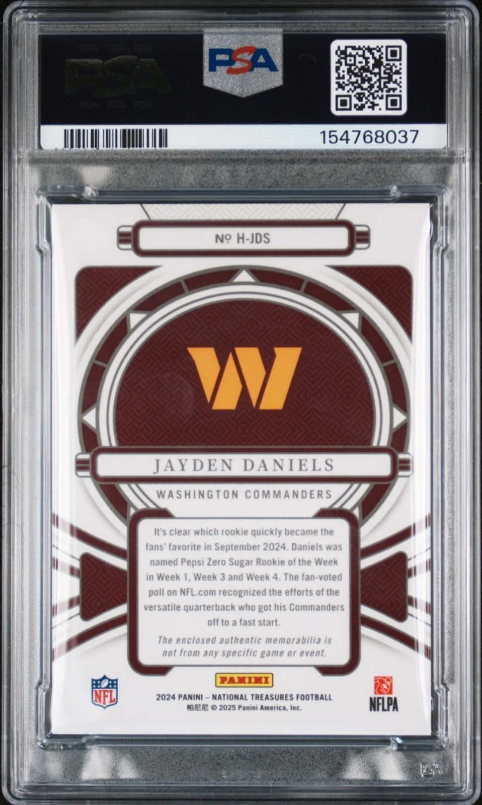 2024 National Treasures Jayden Daniels Gold Rookie Patch Relic RC /10 PSA 8 view 2
