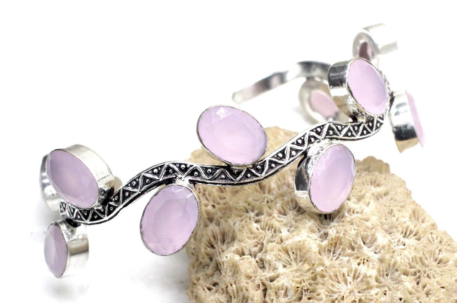 VALENTINO 925 Sterling Silver Rose Quartz Gemstone Handmade Jewelry Cuff Bracelet Size Adj