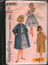 2400 Vintage Simplicity Sewing Pattern Girls 1950s One Piece Dress Coat 10 OOP