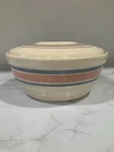 McCoy Striped Ceramic Bowl with Lid Beige Pink Blue Glossy Round Pottery