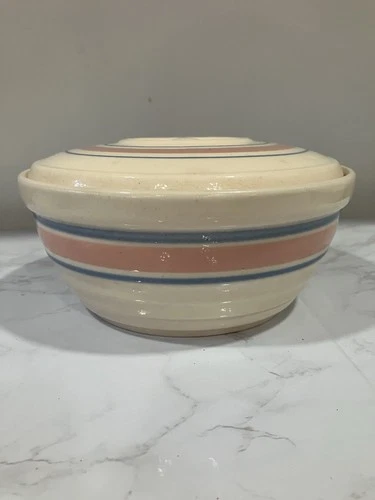 McCoy Striped Ceramic Bowl with Lid Beige Pink Blue Glossy Round Pottery
