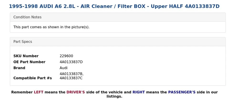 AUDI A6 1995-1998 2,8 L - Filtro de aire / CAJA - MITAD SUPERIOR 4A0133837D Foto 4 de 4
