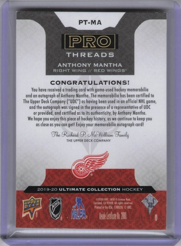 2019-20 Ultimate Collection Anthony Mantha Pro Threads Patch Auto /49 - Photo 2/2