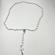 Vintage Virgin Mary Rosary Necklace White Wood Beads Silver Tone Crucifix & Case