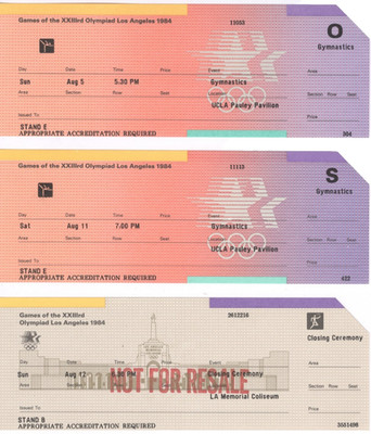 3 Unused Tickets: 1984 Summer Olympics 2 Gymnastics & 1 Closing Ceremony