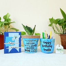 Custom Gift Pack   Hand-Painted Planter, Pen Holder, and Matching Handmade Card