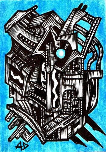 ACEO - Outsider Art ORIGINAL ARTWORK Abstract Modern Surreal - BLUE ENGINE