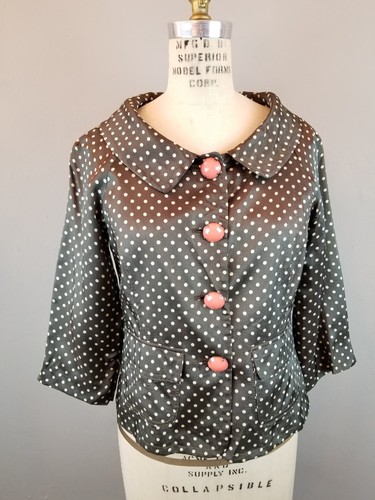 Cynthia Steffe 1950's Style Olive Green Polka Dot Jacket Jeweled Buttons Size 6 - Picture 3 of 12