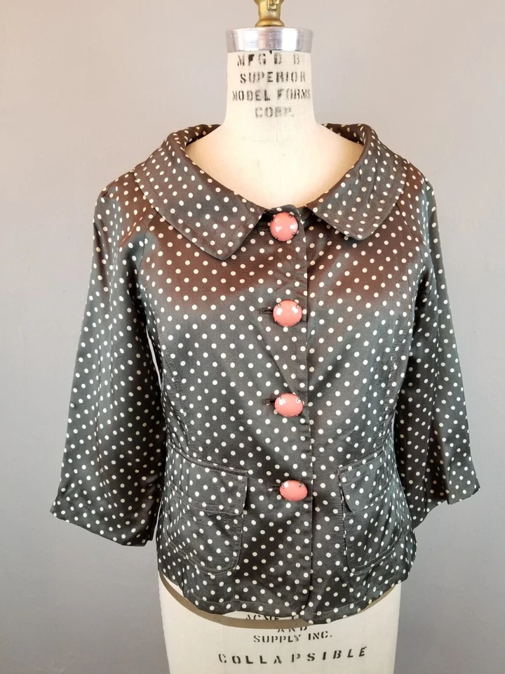 Cynthia Steffe 1950's Style Olive Green Polka Dot Jacket Jeweled Buttons Size 6 - Image 3 of 4