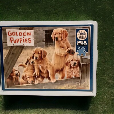Cobble Hill 500 Piece Puzzle Golden Retriever Puppies Poster
