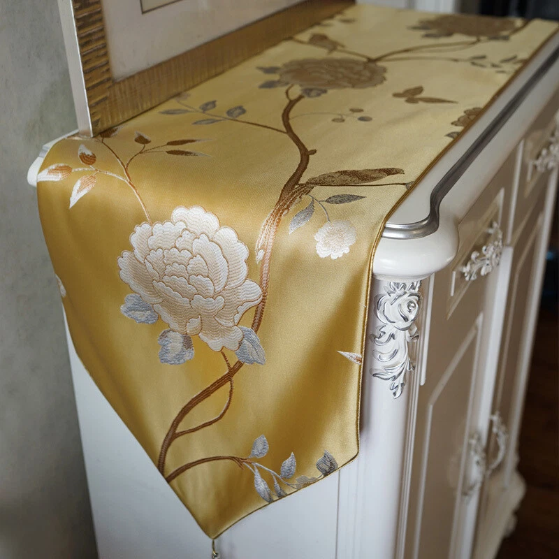 1pcs Stile Cinese Tavolo Runner Panno Lusso Floreale Ricamo Tovaglia Decorazione - Immagine 2 di 4