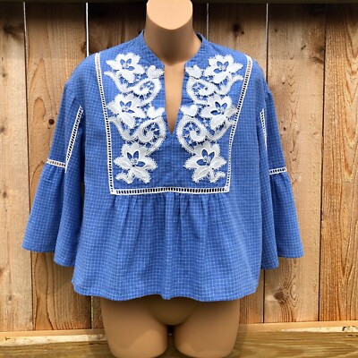 The Korner Linen Top Windowpane Check Lace Detail 3/4 Sleeves Women's Size XS