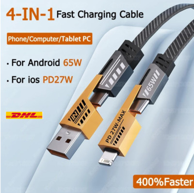 65W Schnellladekabel 4 in 1 USB Kabel für iPhone Samsung Handy Typ-C Ladekabel