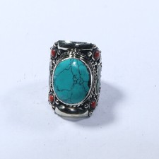 Tibetan Coral Green Turquoise ring Natural stones bohemian Original Ring Size 10
