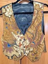 Vintage Kenar Women's Black Lined V Neck Retro Beaded Vest Lined Sz Small