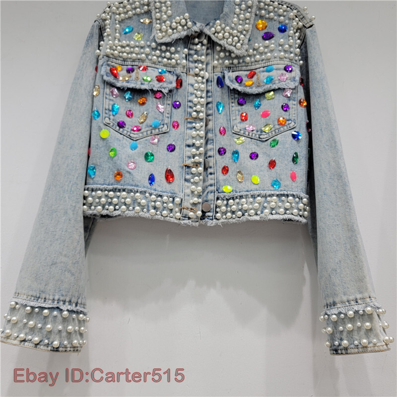 Women's Rhinestone Denim Beaded Jacket Button Casual Top Short Coat ...