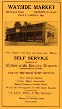 1934 Wayside Market Grocers Out of the High Rent District Greenfield MA Print Ad