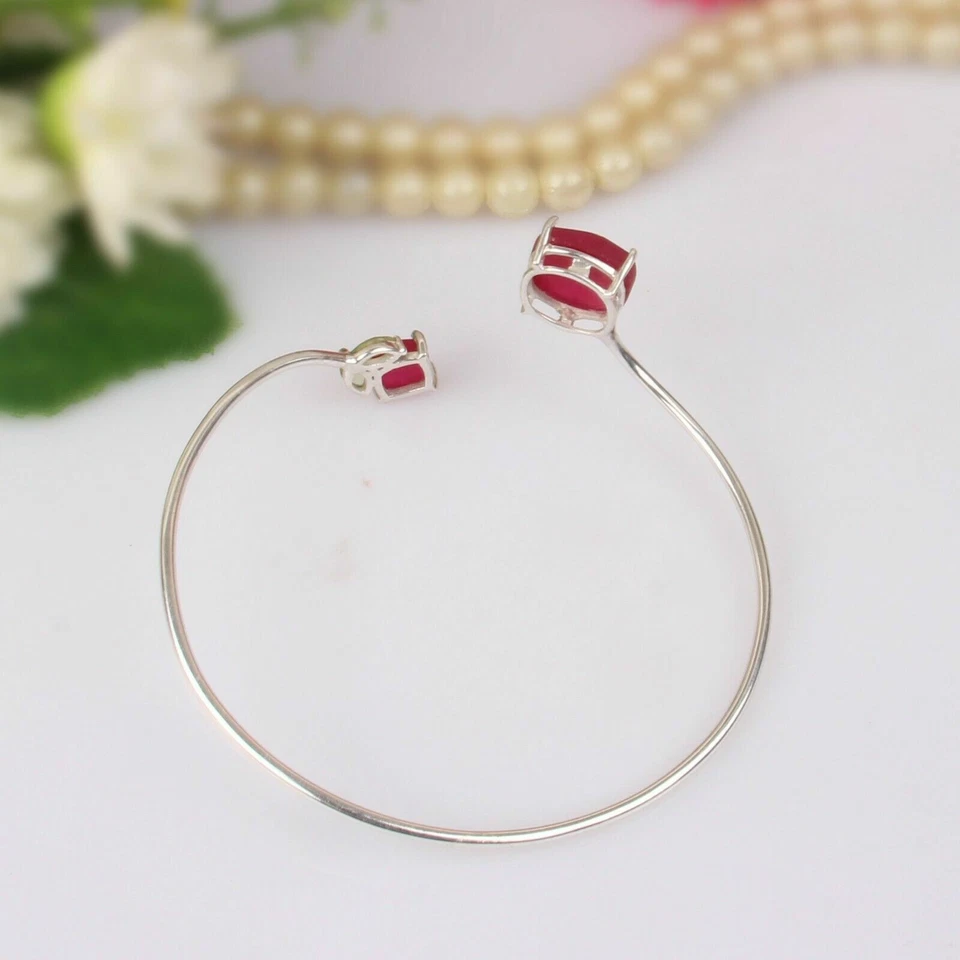 Peridot And Ruby Gemstone Bangle Solid 925 Silver Wedding Bangle Bracelet - Image 4 of 4