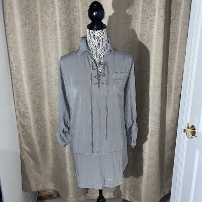 Balkon New Women s Long  3/4 Sleeve Tunic Shirt  Size L Striped Neck Tie Blouse