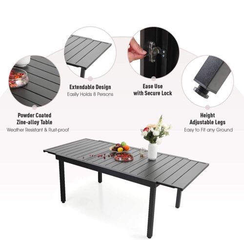 Patio Dining Table Rectangular 6~8 Person Metal Outdoor Retractable Tables - Picture 3 of 11