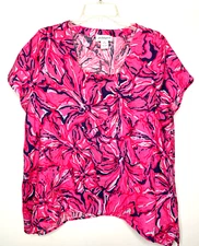 Peck &Peck Size XL 100% linen hot Pink Floral hibiscus square neck Top