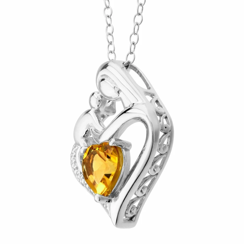 Created Citrine Mother & Child Heart Pendant w Diamond Sterling Silver 18" - Image 2 of 4