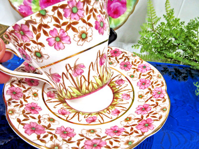 Rosina Cup & saucer chintz floral pink blossom and beaded pattern teacup England