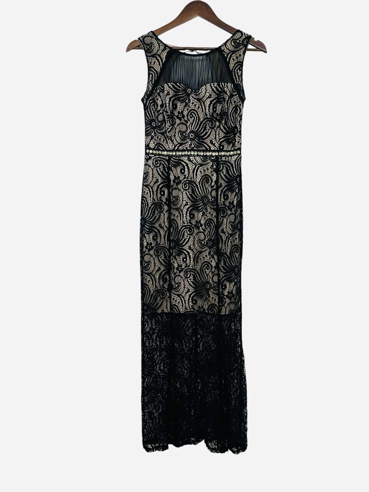 Enfocus Black Lace Maxi Dress 4P Formal Evening Gown Party Jeweled Waist Fitted