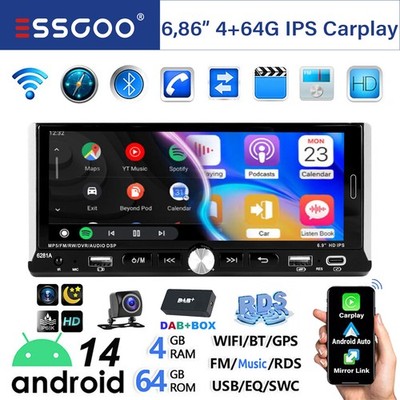 6,86'' DAB+ 4+64G Autoradio 1DIN Android 14 Carplay GPS RDS NAVI WiFi BT SWC +KAM