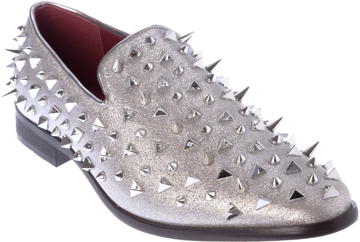 silver dress shoes with spikes Mens Silver Glitter Sparkle Spike Formal Dress Loafers Shoes After Mid