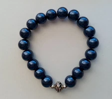 NEW BLUE GLASS PEARL & TWISTED SILVER TONE BEADED BRACELET, BU 2 GET 3RD FREE