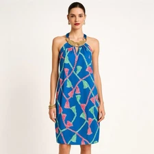 Lilly Pulitzer Silk Dress 8 Blue Red Tassel Print Sleeveless Gold Neck Trim