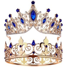 2 Pcs Prom King and Queen Crowns Set for Men Royal Crown Blue