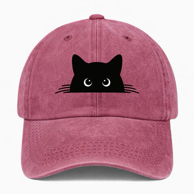 Black Cat Hat Cute Cat Washed Baseball Cap Funny Kitty Peek Hat Unisex Gift Cap