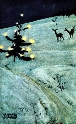 Vintage Fine Art Print Lithographie Weihnachtslandschaft Baum von Raphael Kirchner