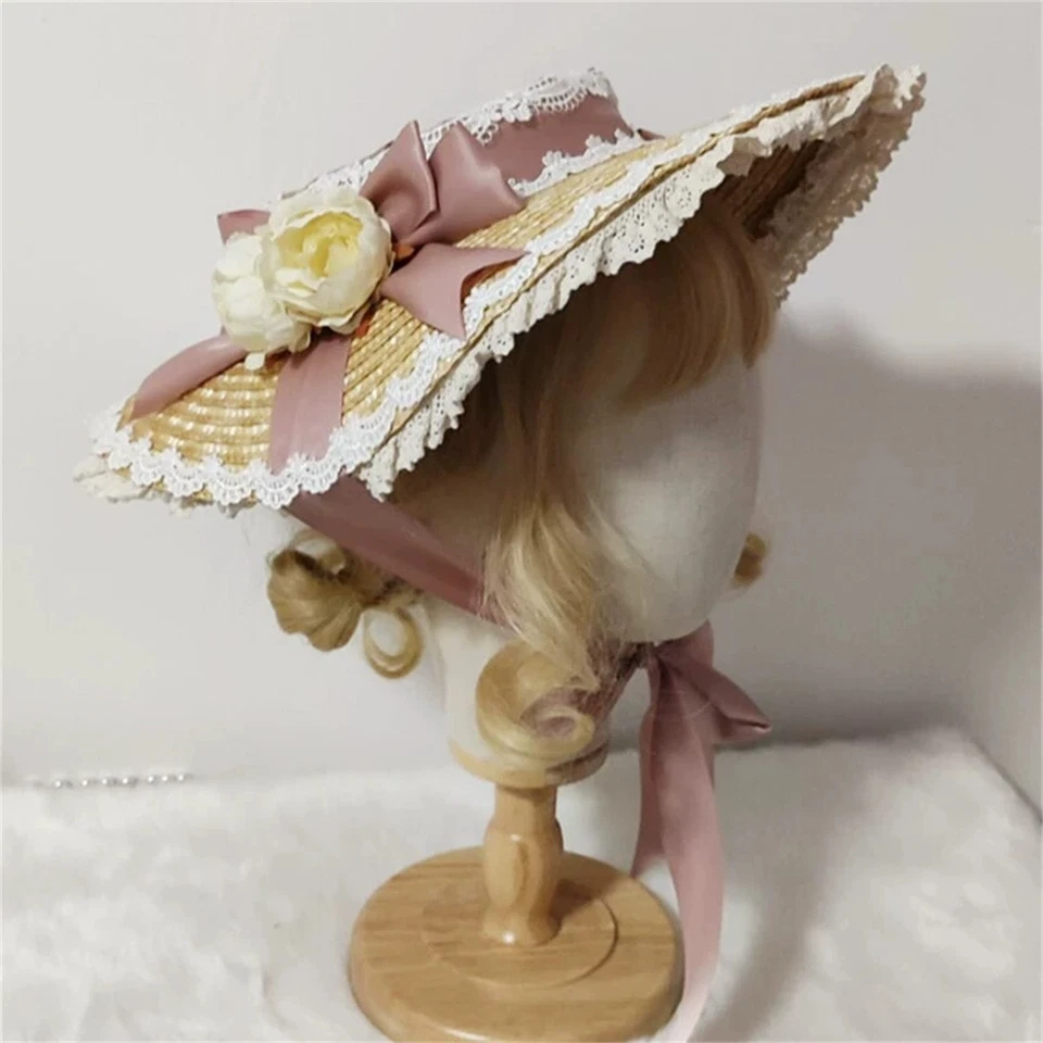 Woman Victorian Floral Straw Hat Tea Party Vintage Classic Lolita Straw Boater - Image 4 of 4