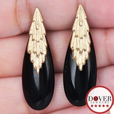 Estate Onyx 14K Yellow Gold Textured Teardrop Earrings 5.9 Grams NR