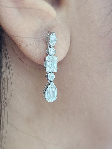 Deal! 0.80CTW Genuine Baguettes Diamonds Drop Dangling Earrings in 14K Gold 25mm - Picture 10 of 12